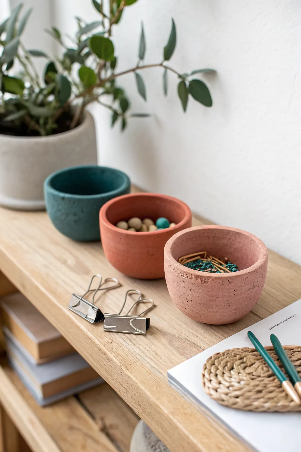 Easy air-dry clay pinch pots in bold boho colors, perfect for beads, coins, and paper clips