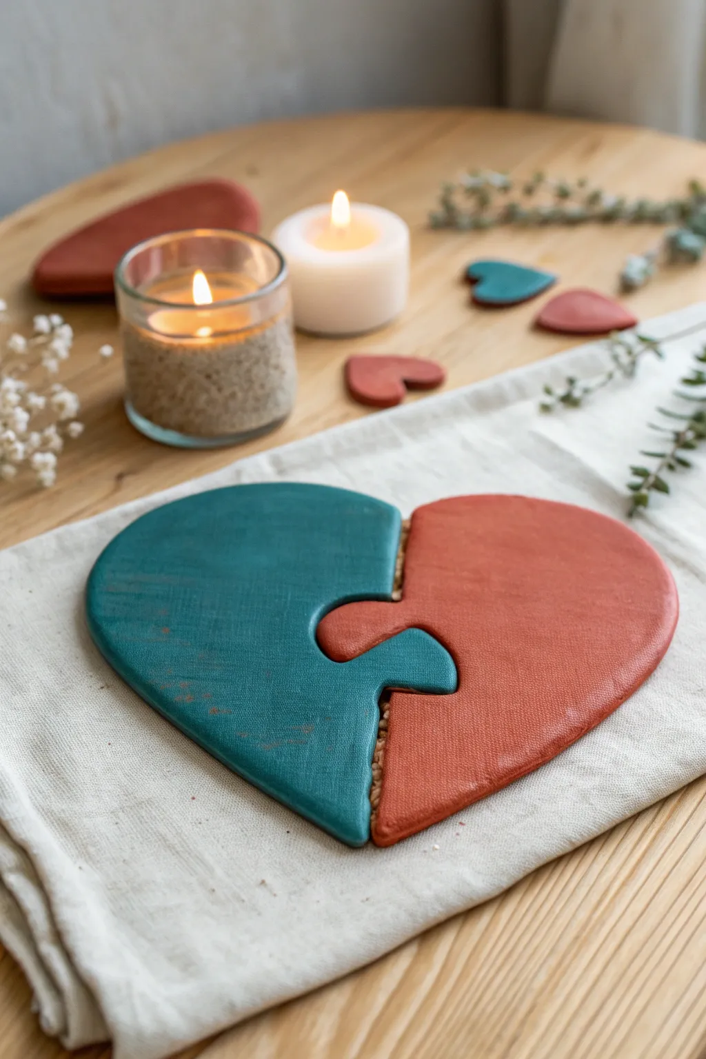 Two-piece air dry clay heart keepsake, a simple date-night craft that clicks together.