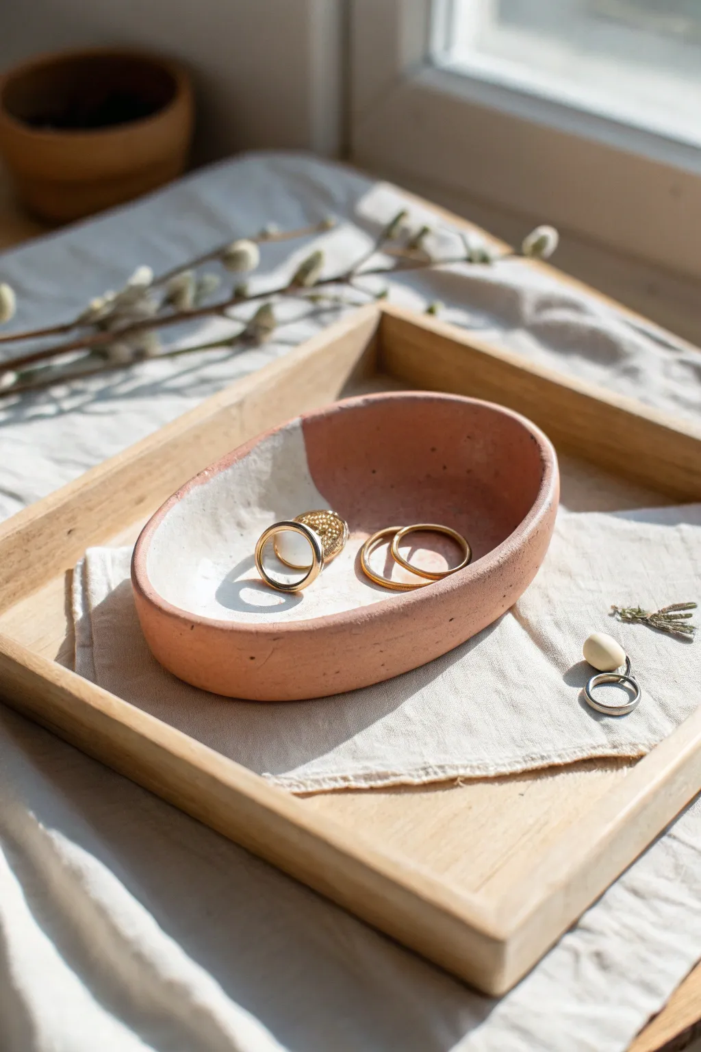 Air dry clay trinket dish in terracotta and blush, simple Scandinavian vanity catchall for jewelry