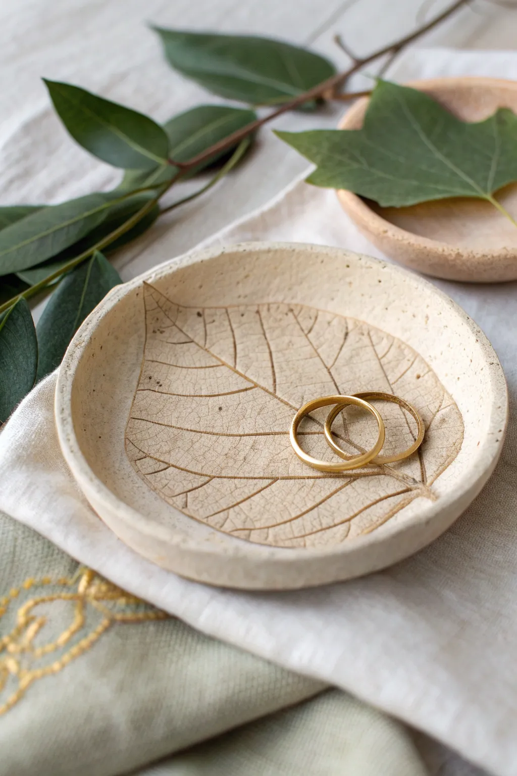 Leaf-imprint air dry clay dish in earthy tones, styled with a real leaf and simple rings.