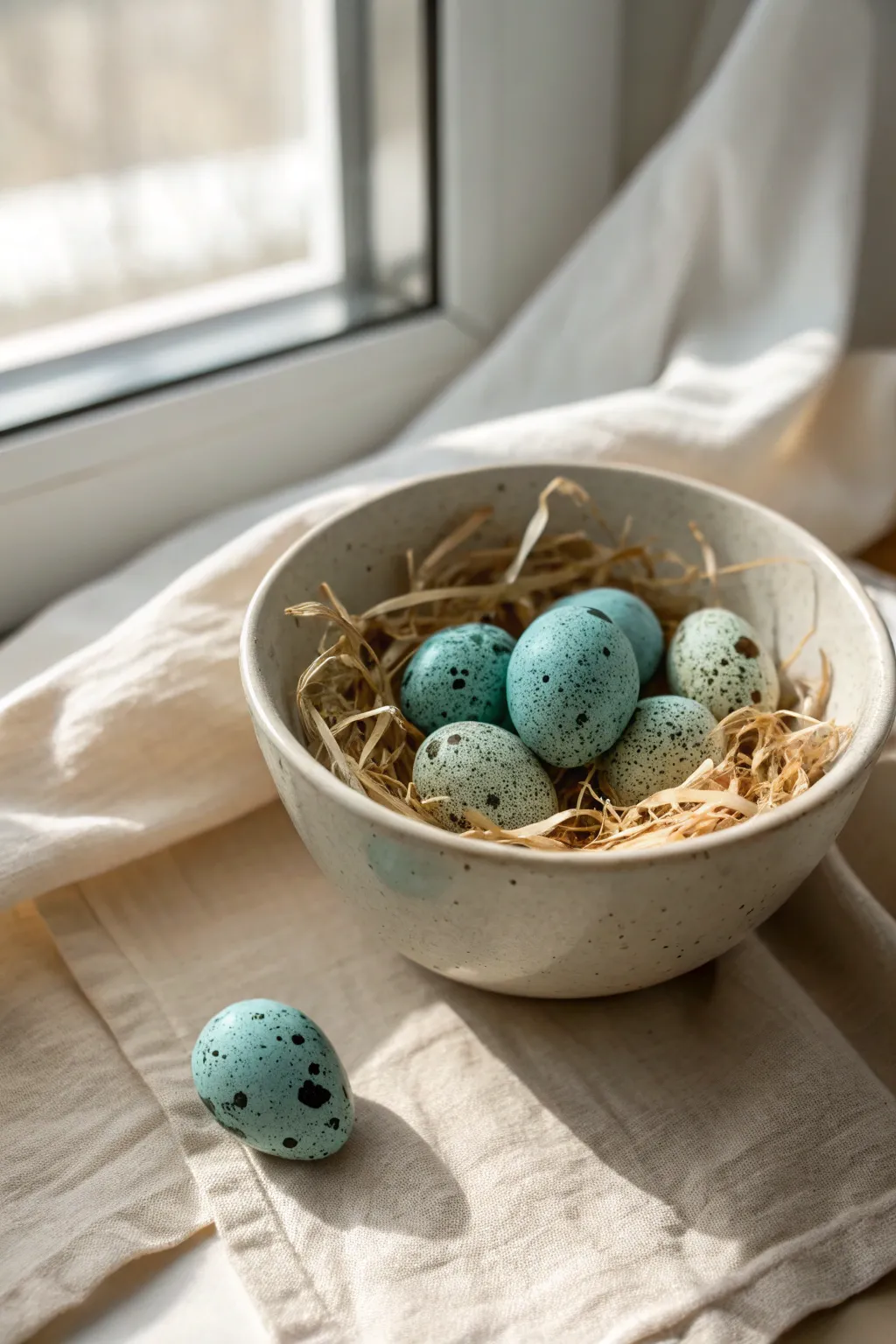 Speckled robin egg bowl in soft Scandinavian styling, simple, serene, perfect for Easter.