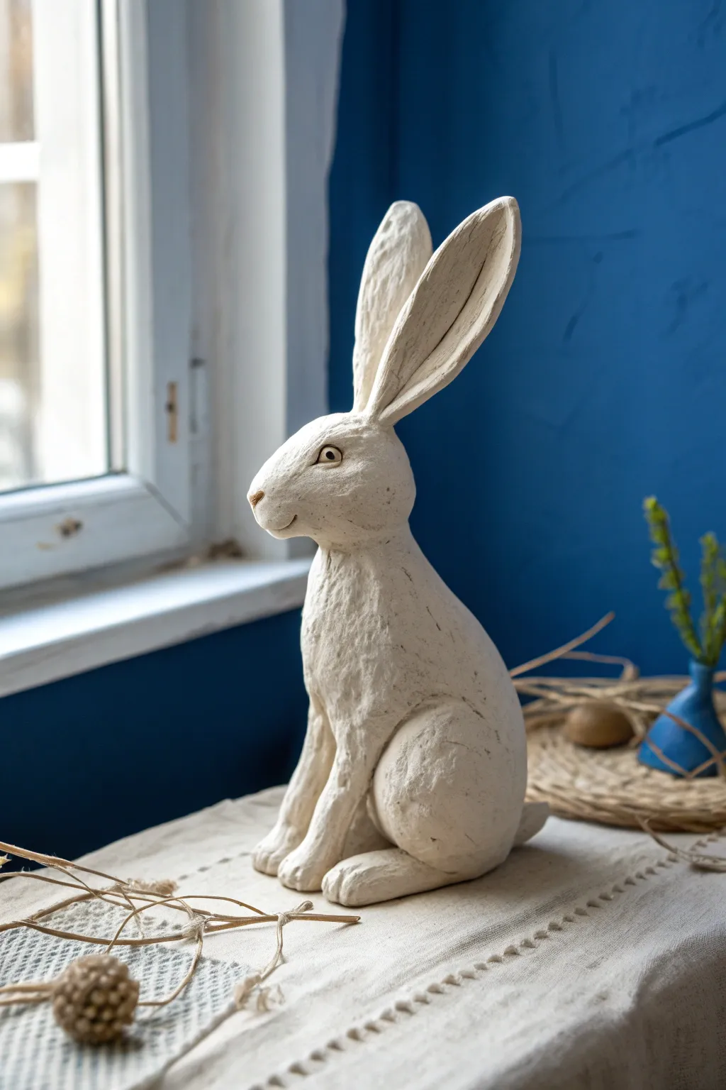 Minimal long eared air dry clay bunny, bright spring light and bold contrast for cute decor
