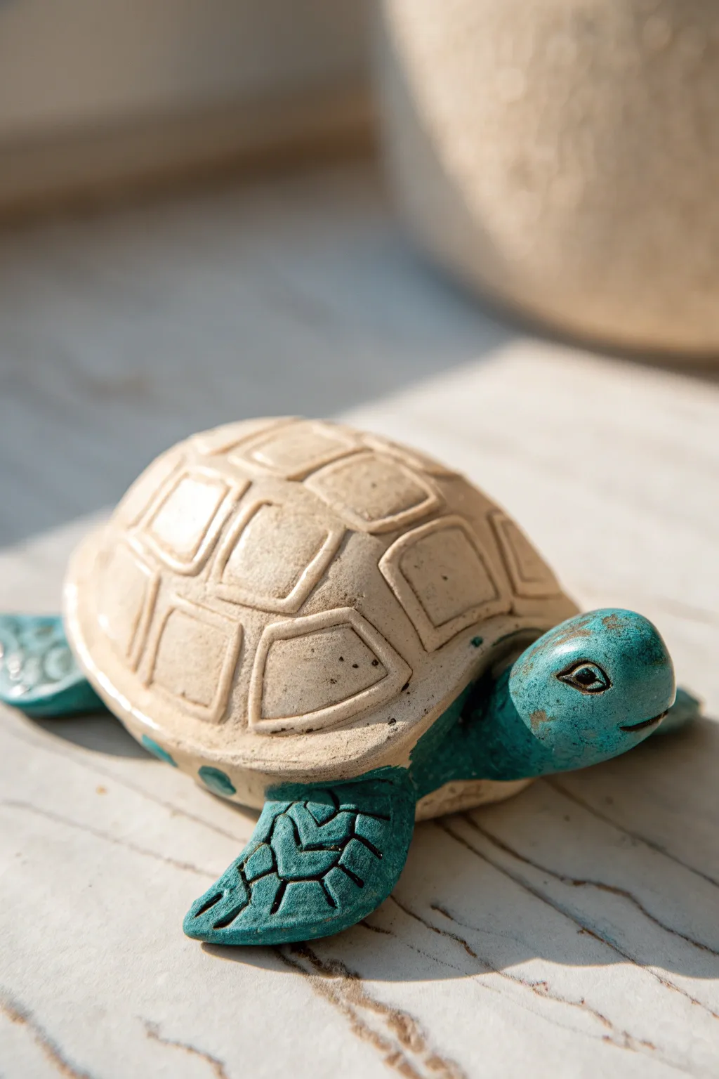 Tiny air dry clay turtle with geometric shell pattern, bold color contrast, calm minimalist styling.