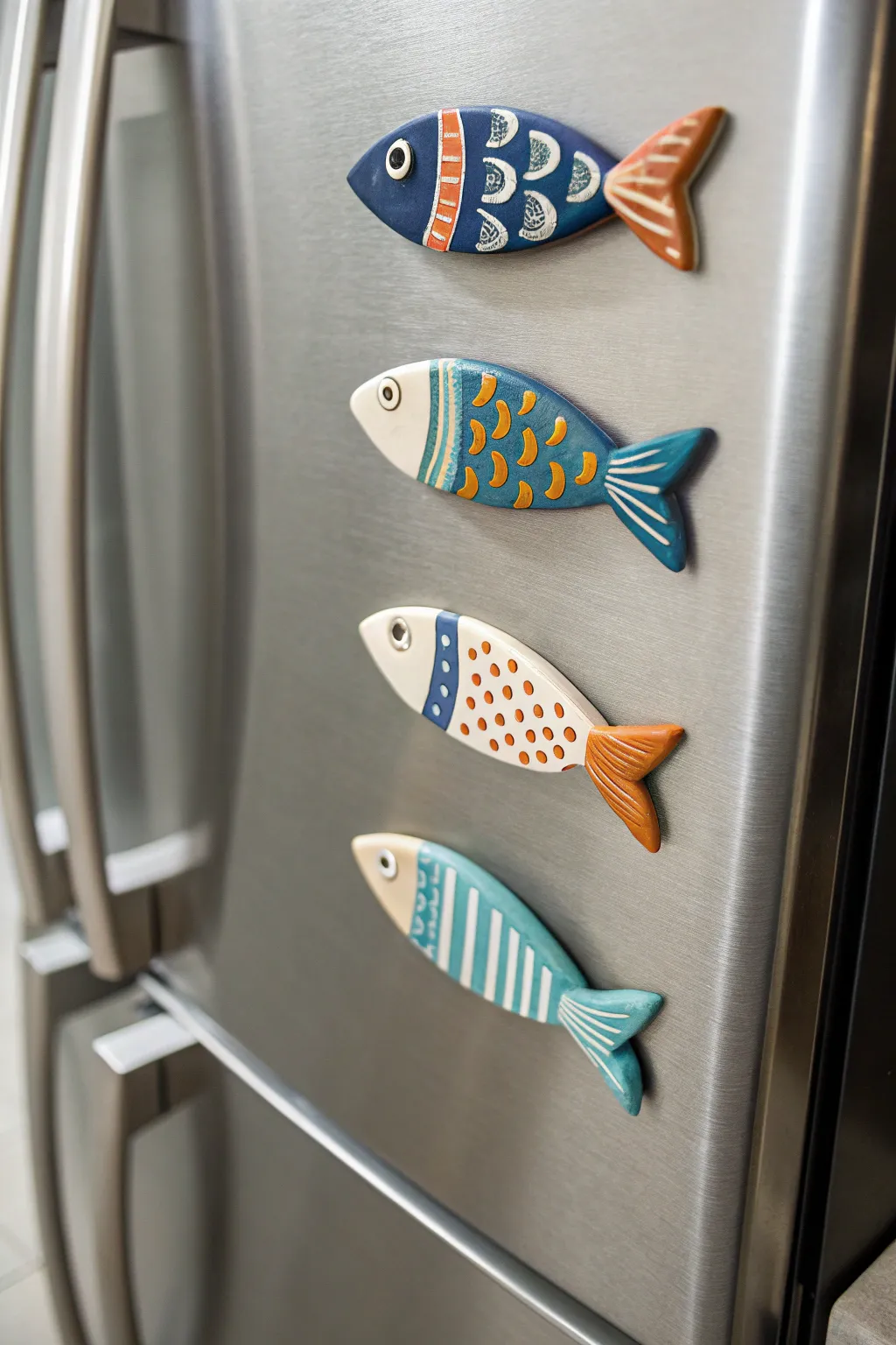 Mini air-dry clay fish magnets in bold boho colors, a cute pop of craft on your fridge