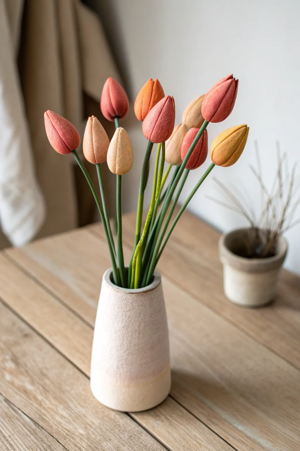 Simple air dry clay tulip buds in warm spring tones, styled in a tiny minimalist vase