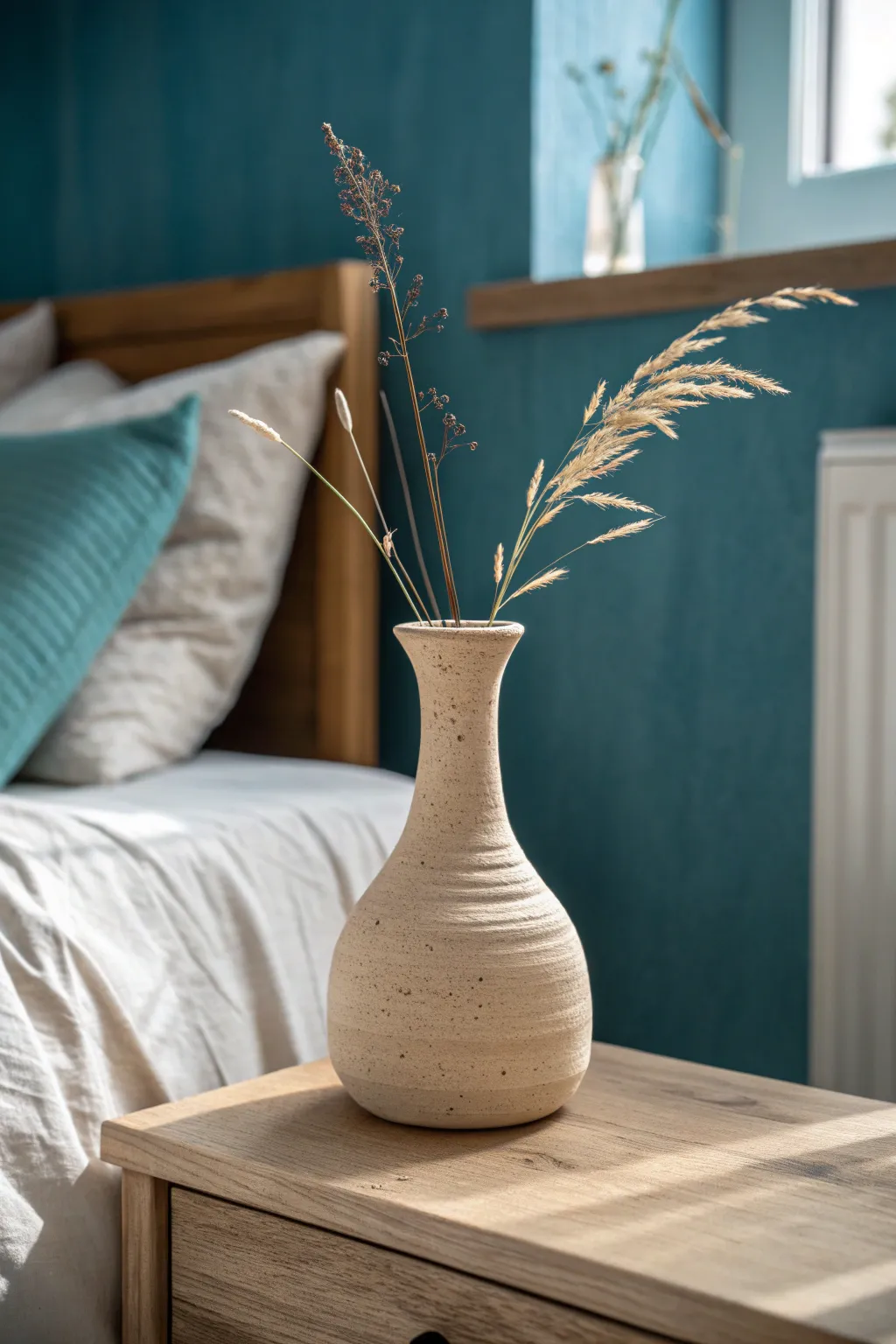 Simple tapered air-dry clay vase with tiny neck, warm neutral finish and dried grasses.