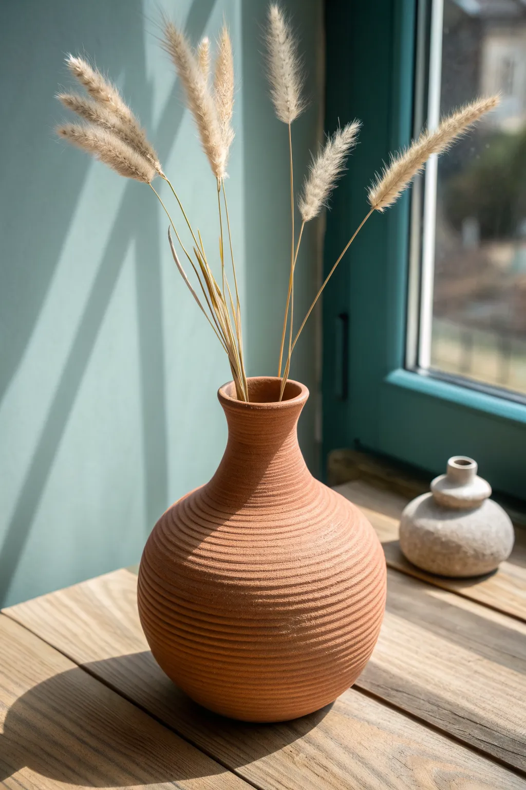Coil-built belly vase in air dry clay, styled with dried grasses for a cozy minimalist look