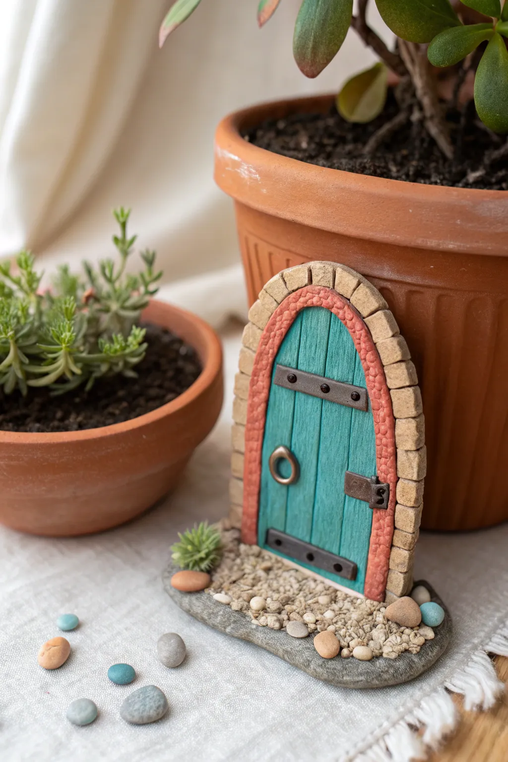 Tiny air dry clay fairy door adds a magical, minimalist touch to any flower pot