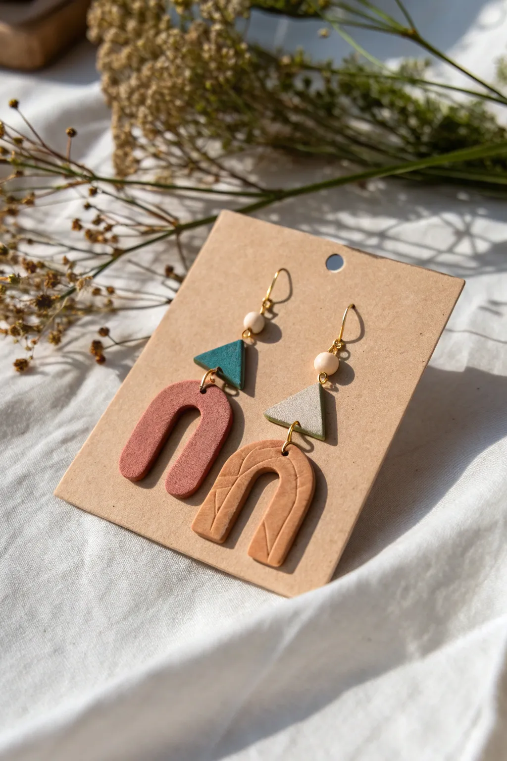 Modern air dry clay earrings in arch and drop shapes, minimal boho palette, gift-ready.