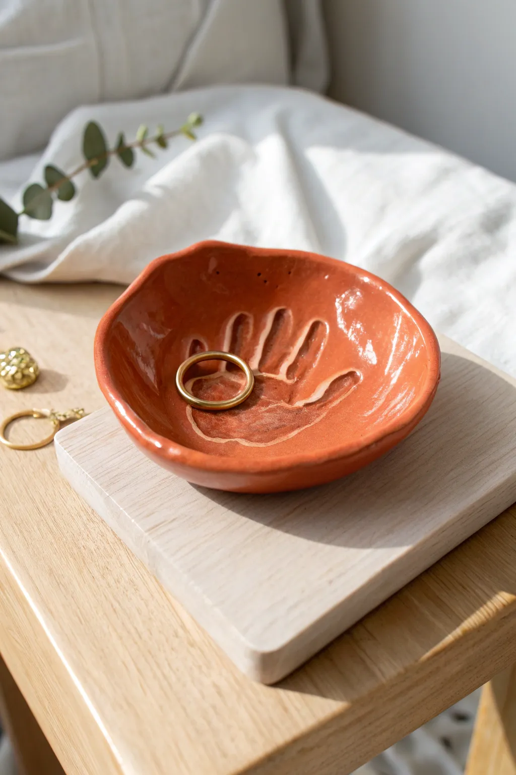 Glossy terracotta handprint ring dish bowl, minimal bedside styling with a soft boho touch