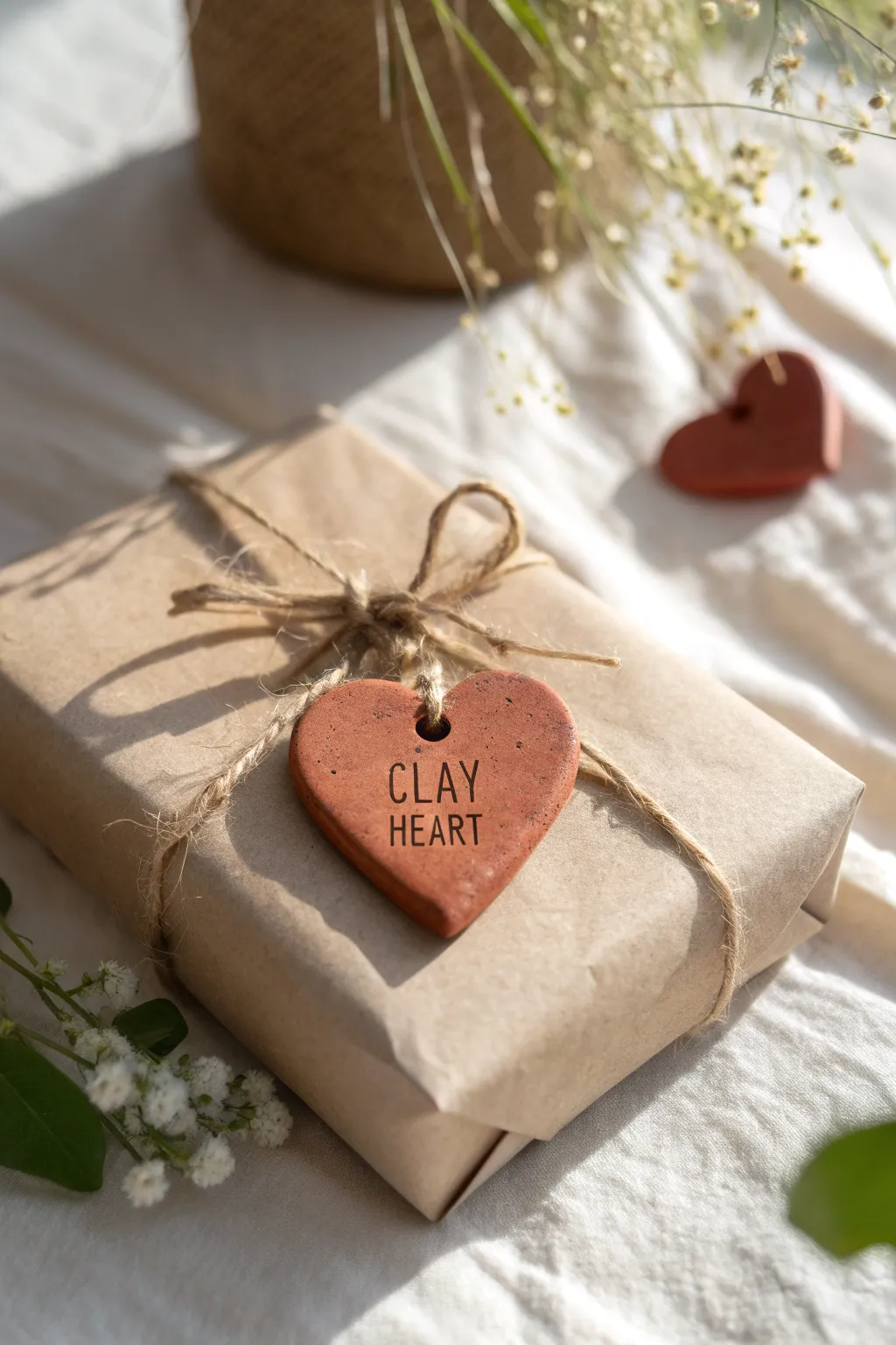Stamped clay heart gift tags add a cozy, minimalist handmade finish to kraft-wrapped presents.