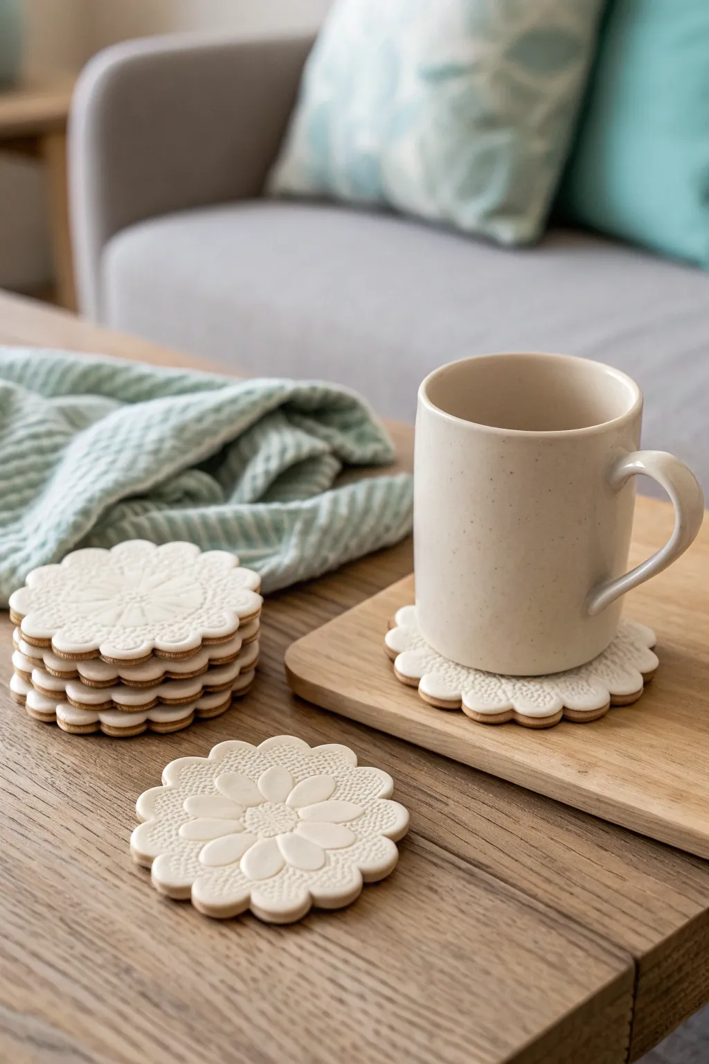 Scalloped air dry clay coasters in soft neutrals for effortless minimalist boho coffee table decor