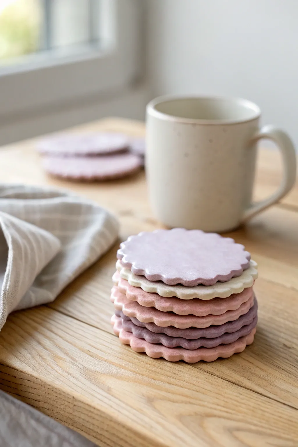 Soft pastel wavy clay coasters stacked neatly, minimal Scandinavian table styling with cozy boho vibe.