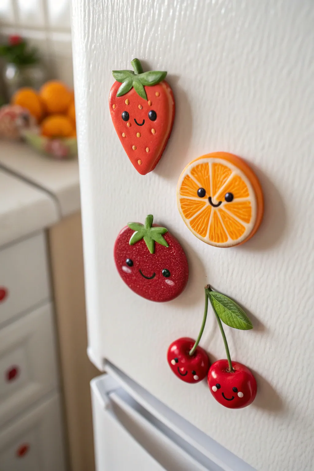Cute fruit air dry clay magnets with kawaii faces, bold colors, minimal Scandinavian styling