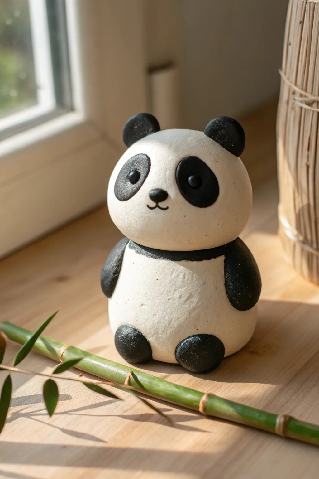 Chunky big-headed panda with dot eyes in bold black and white, simple and adorable to make