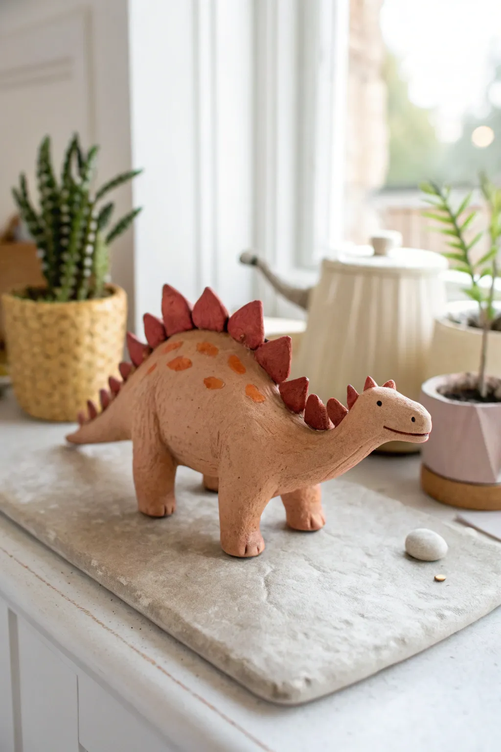 Make a cute air-dry clay stegosaurus with bold plates, smooth curves, and simple charm.