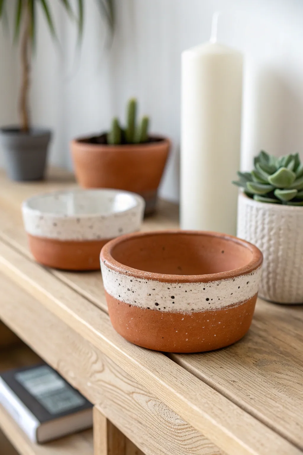 Pinch-pot catchall with clean squared rim in bold terracotta, styled on a minimal oak shelf.