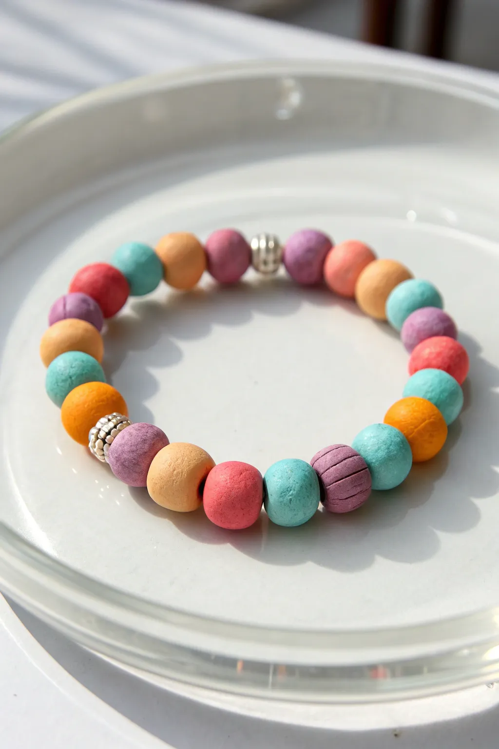 Chunky air-dry clay bead bracelet with bright kid-friendly colors, simple, handmade, and adorable