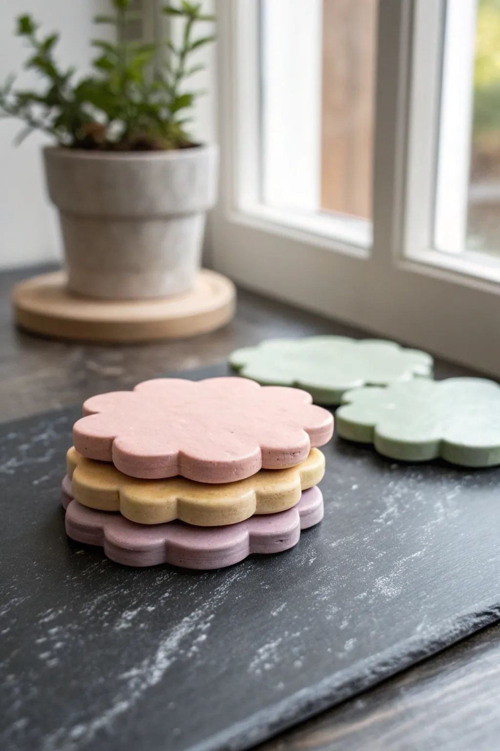 Beginner friendly flower coasters in pastel tones, stacked for a clean Scandinavian boho look