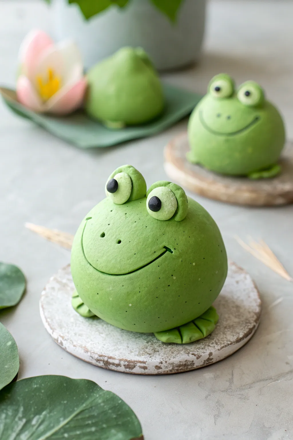 Cute air dry clay frog trio from simple clay balls, bright green on mint, kid friendly