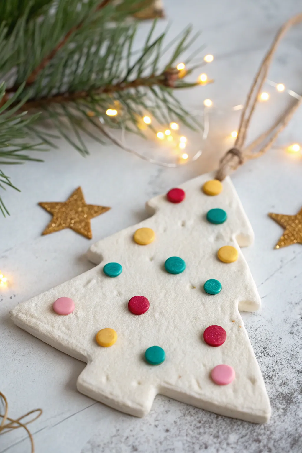 Kids can stamp bright fingerprint lights on this air-dry clay tree plaque for Christmas.