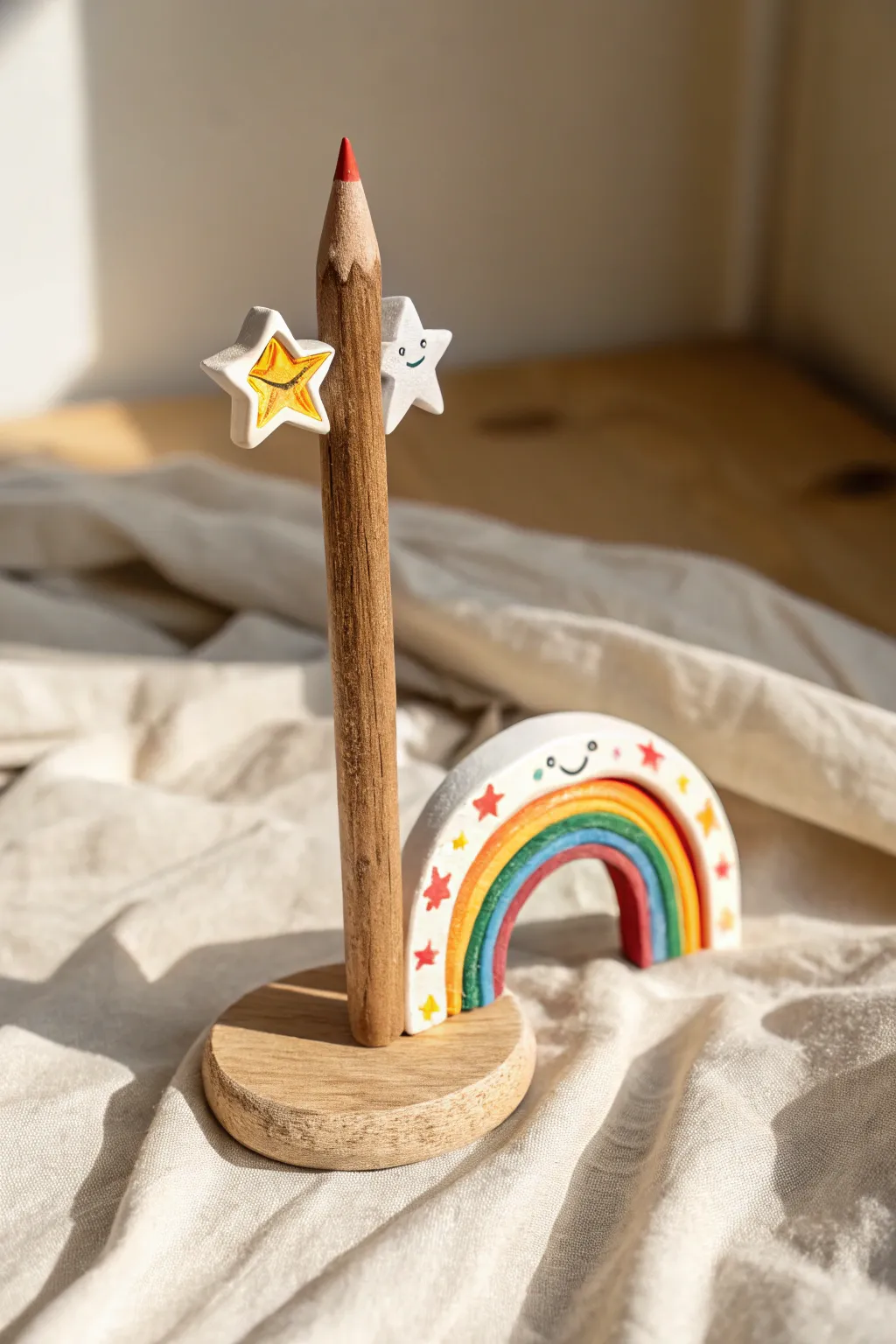 Bright rainbow air dry clay pencil topper on a single pencil, simple, cute, kid friendly.