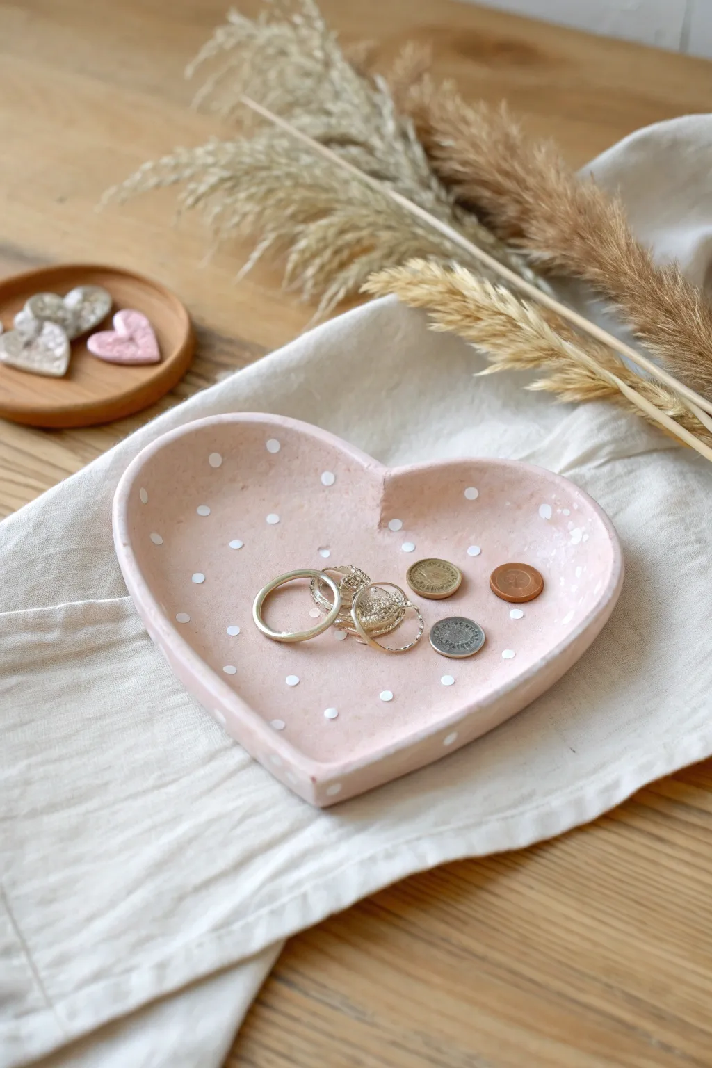 Sweet heart trinket tray for kids to make and gift, simple pastel paint and tiny treasures inside.