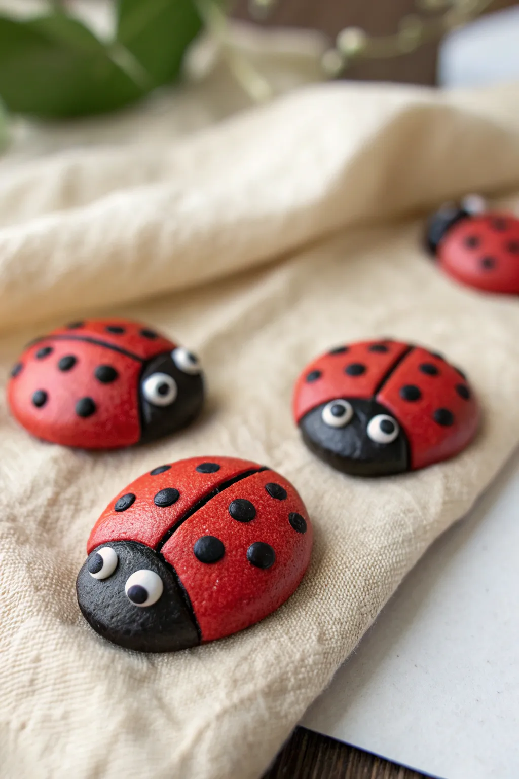 Cute air dry clay ladybug magnets for toddlers, bold red and black on a clean minimal backdrop.