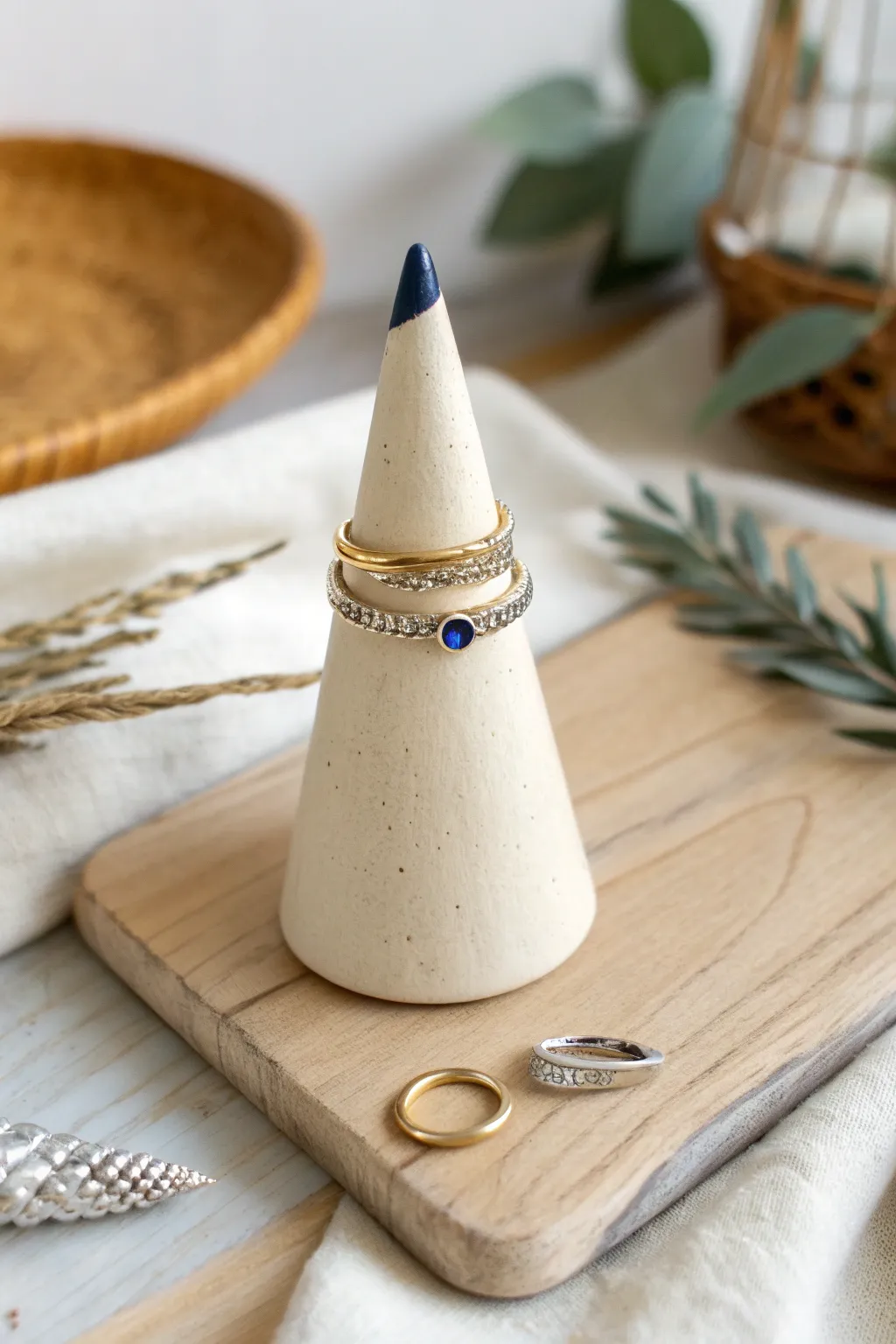 Minimal air-dry clay ring cone with a bold painted tip, an easy chic DIY for beginners.