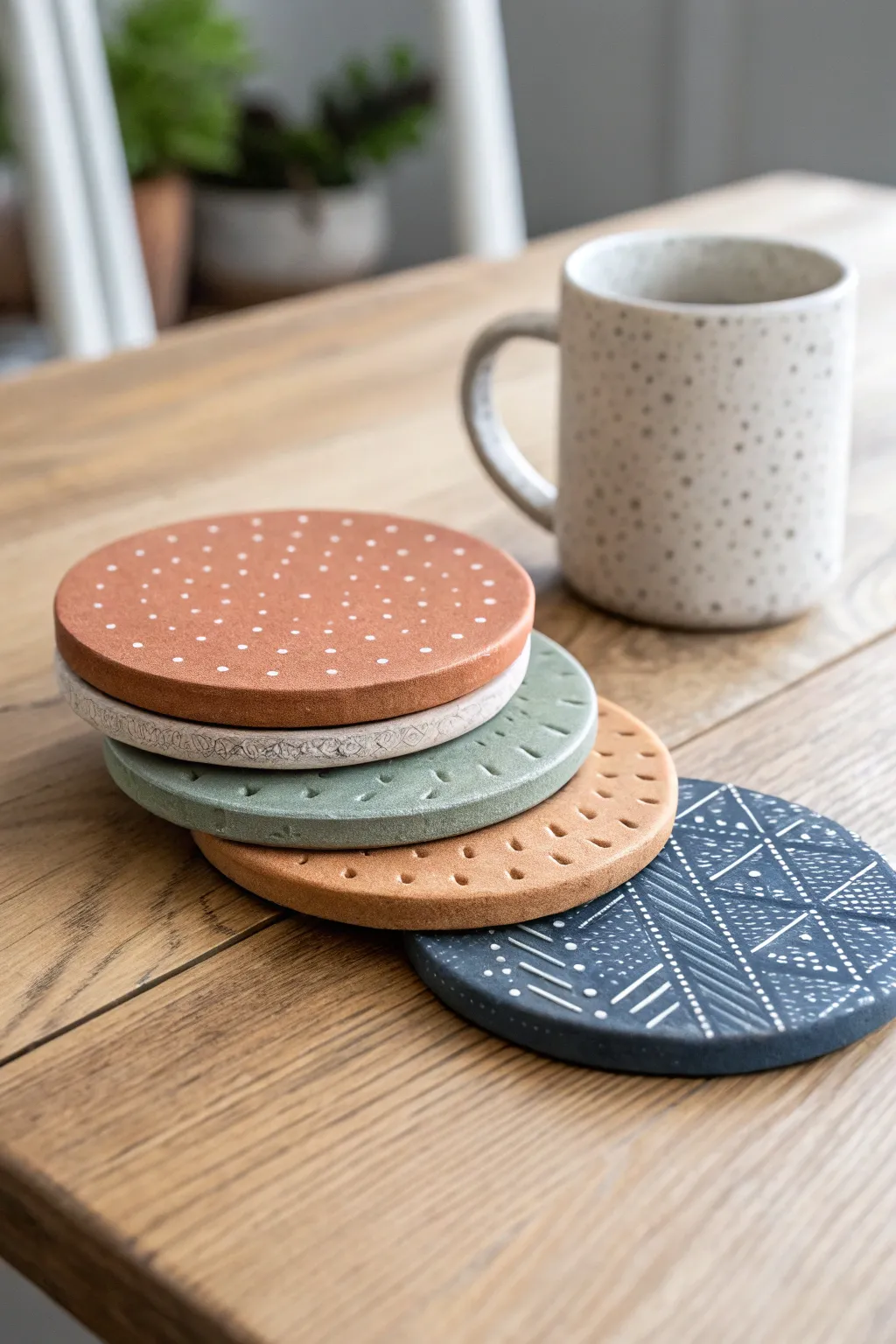 Stacked air dry clay coaster set with bold minimalist colors and textures, simple and sellable