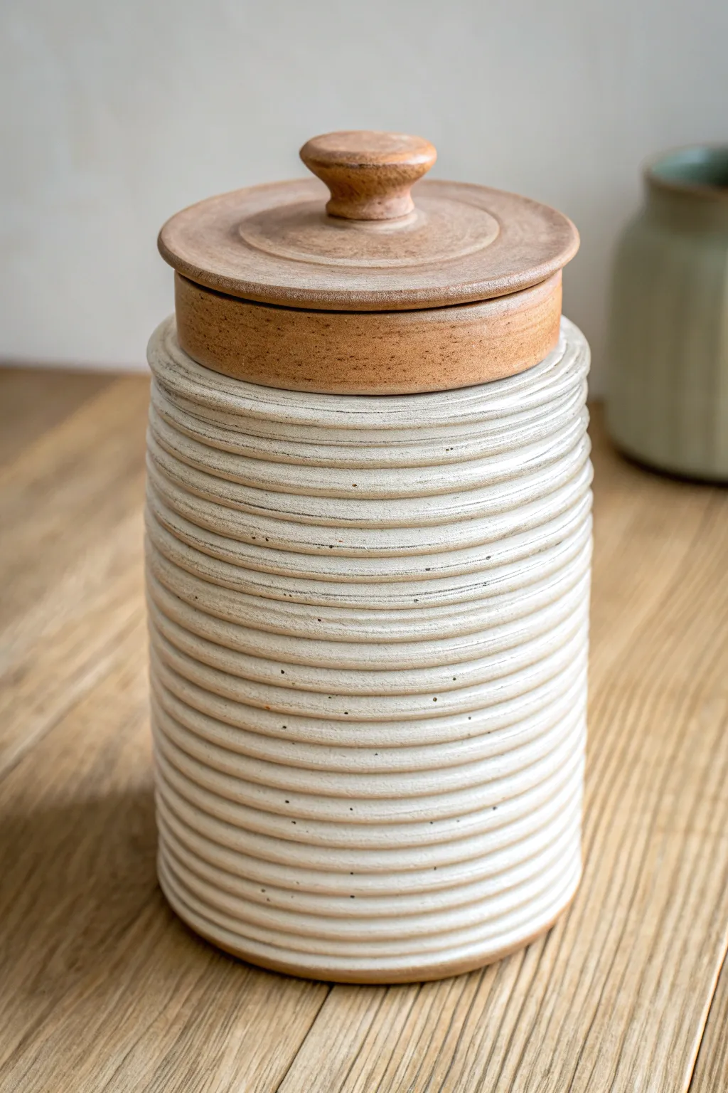 Ribbed coil-wrapped air dry clay canister with a matching lid, minimal and striking