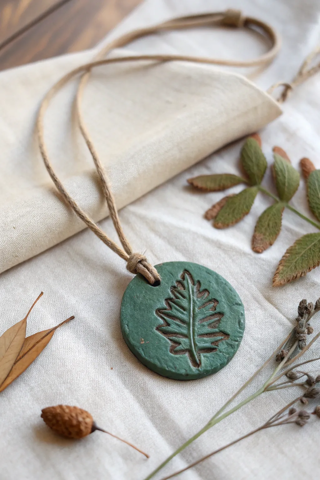 Air dry clay botanical medallion necklace with crisp leaf texture, styled on linen for calm contrast