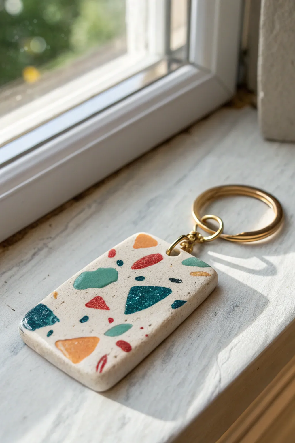 Chunky terrazzo speckle air dry clay keychain with bold pops of color on a neutral base