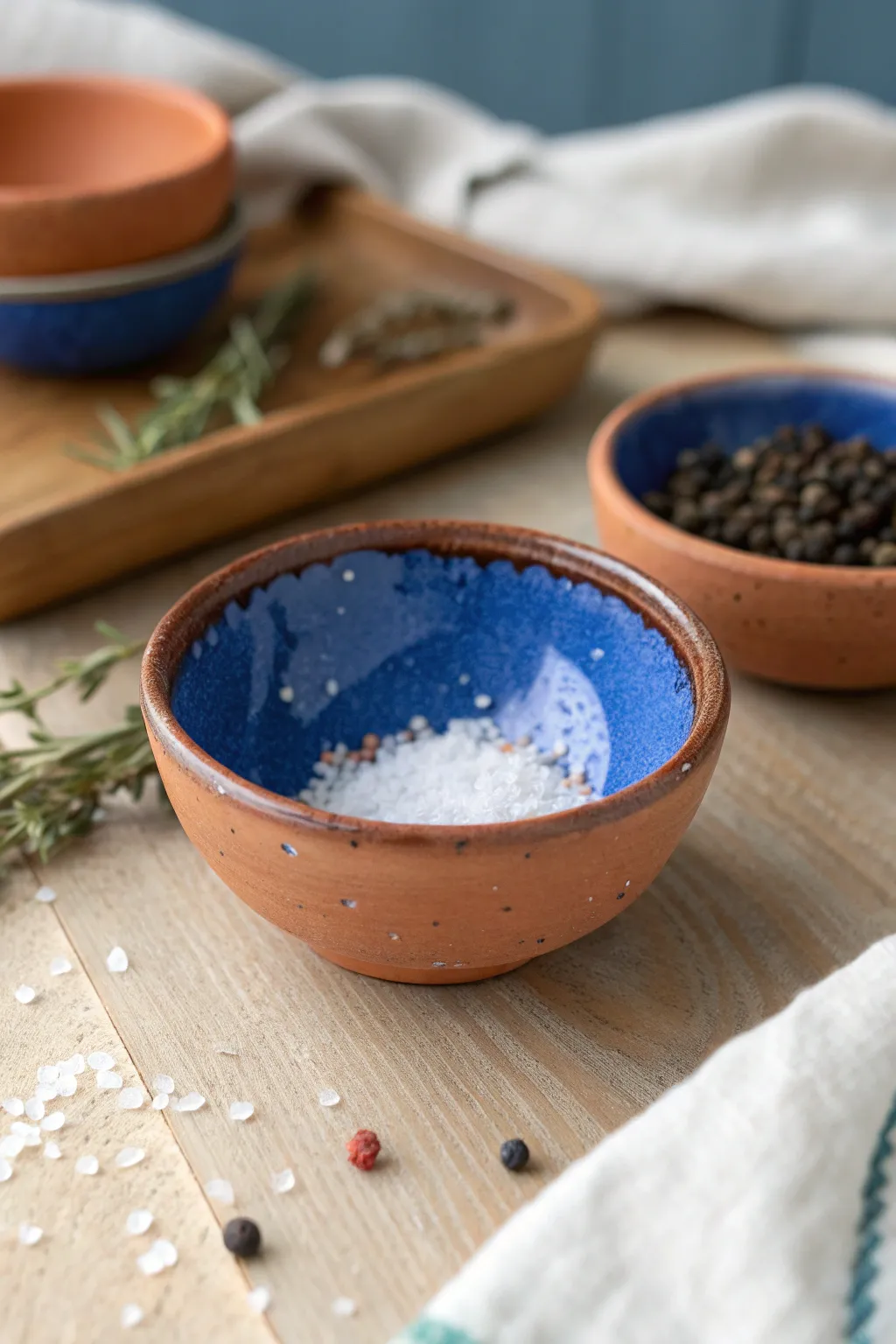Mini air-dry pinch bowls for salt and spices, simple shapes, bold color, cozy kitchen styling