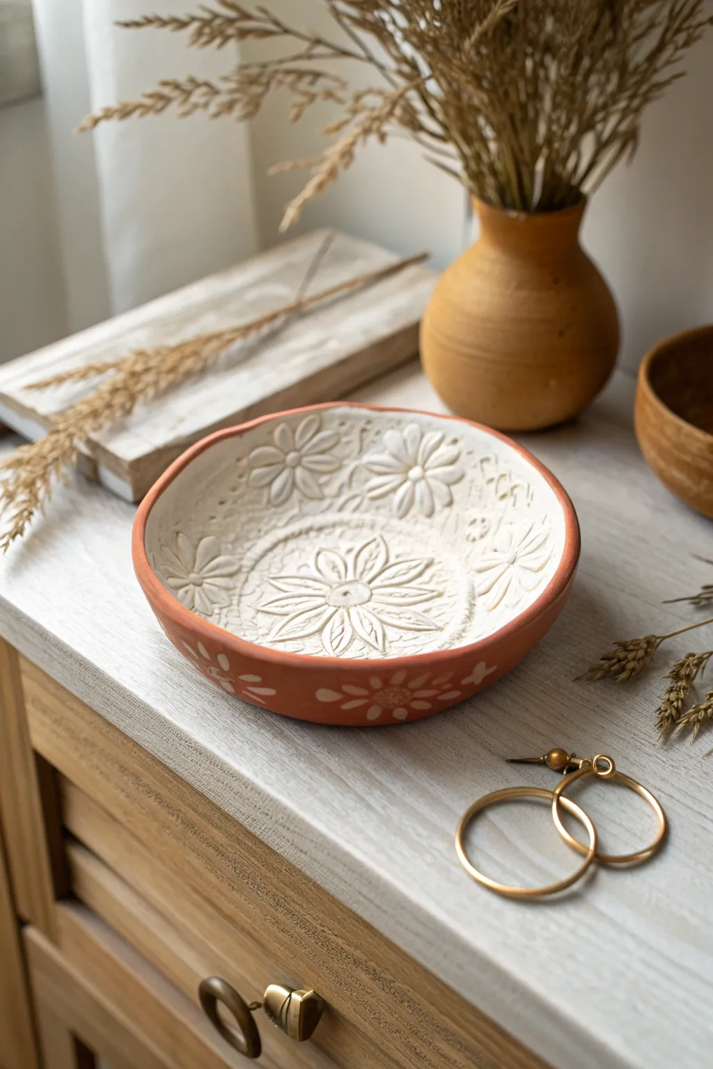 Stamped floral trinket bowl with a bold painted rim, a simple Mother’s Day gift she’ll love