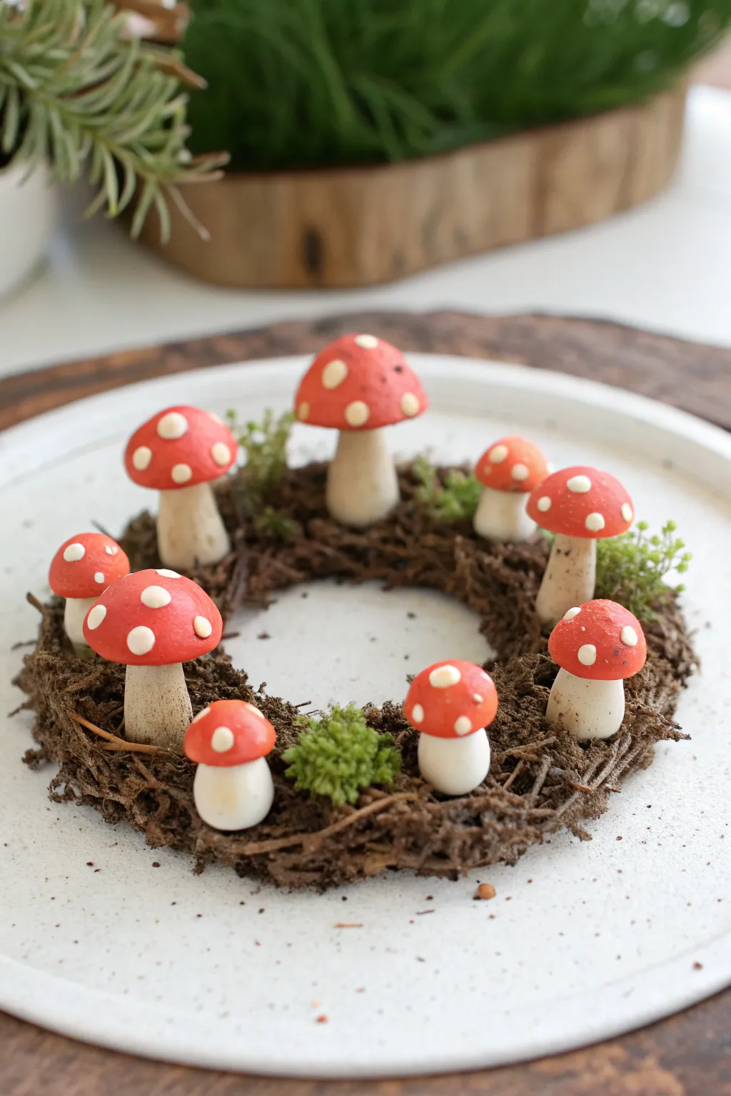 Whimsical air dry clay mushroom ring on moss and pebbles in bold minimalist fairy garden style