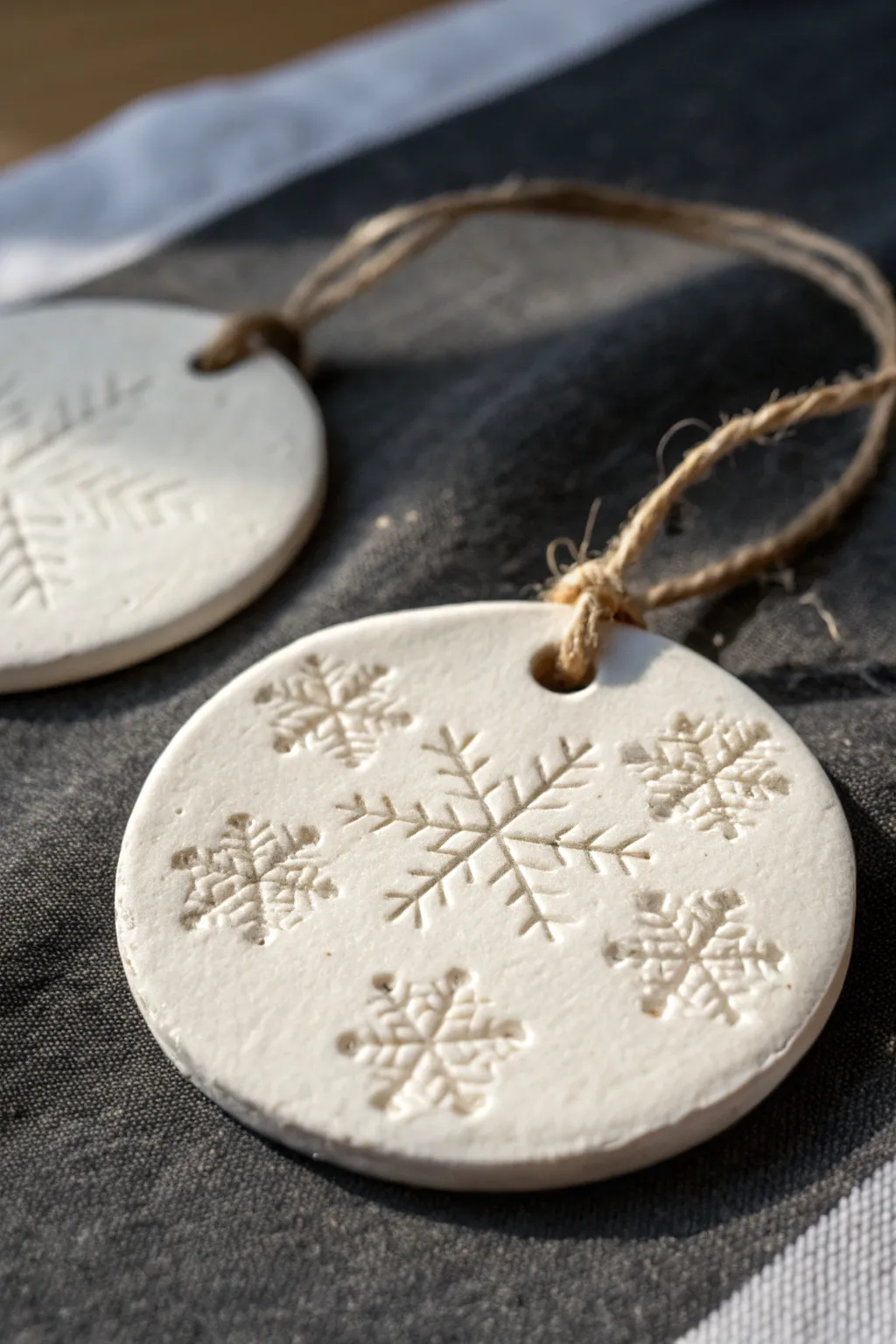 Minimal snowflake stamped air dry clay ornament in white with twine on a dark Scandinavian backdrop