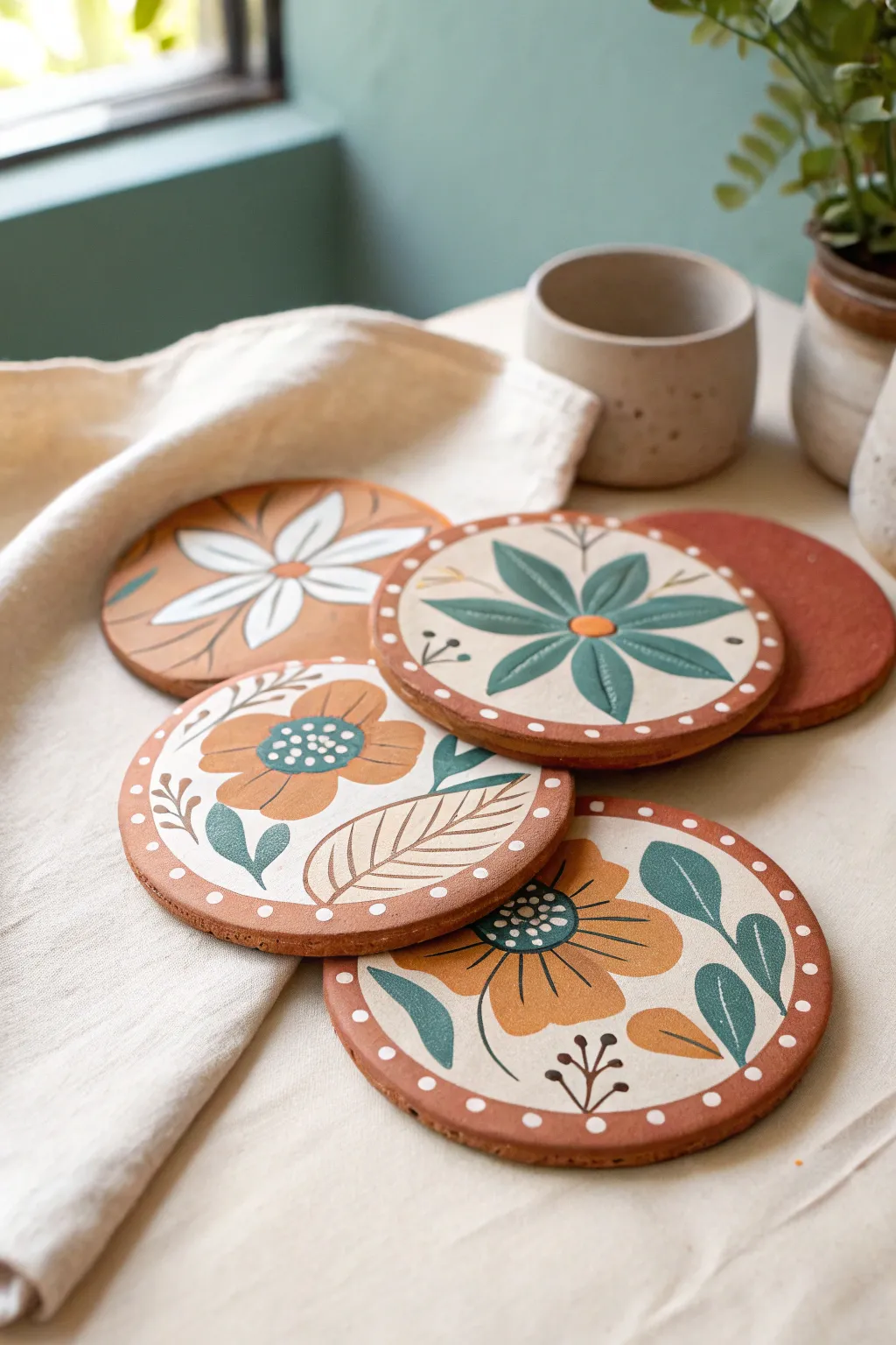 Bright beginner floral air dry clay coasters, minimal Scandi style with a bold boho pop