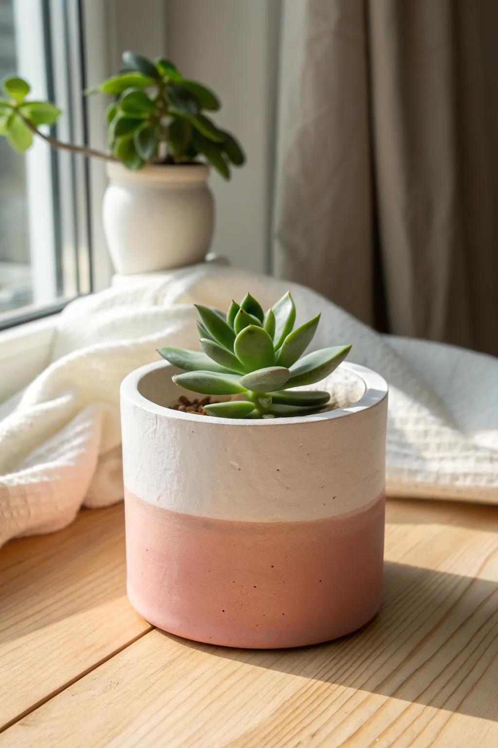 Color-dipped two-tone air dry clay pot for succulents, minimalist and softly boho in style.