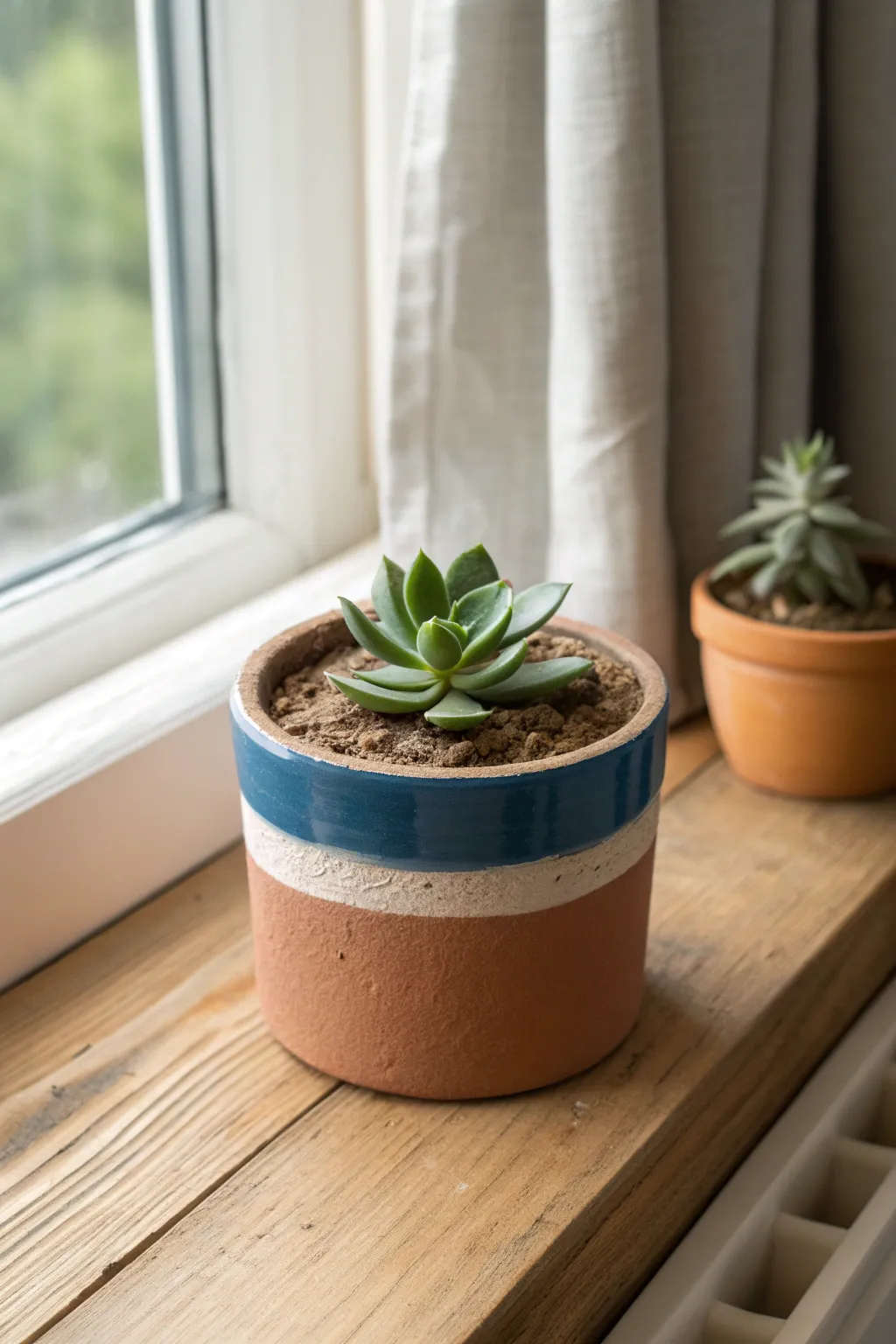 Color-dipped air-dry clay mini pot with succulent, Scandinavian minimal with bold boho color.