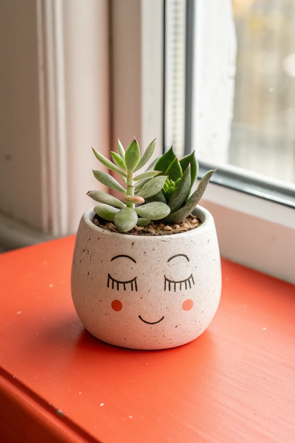 Adorable minimalist face planter in air dry clay, styled with a tiny succulent on a bold tabletop