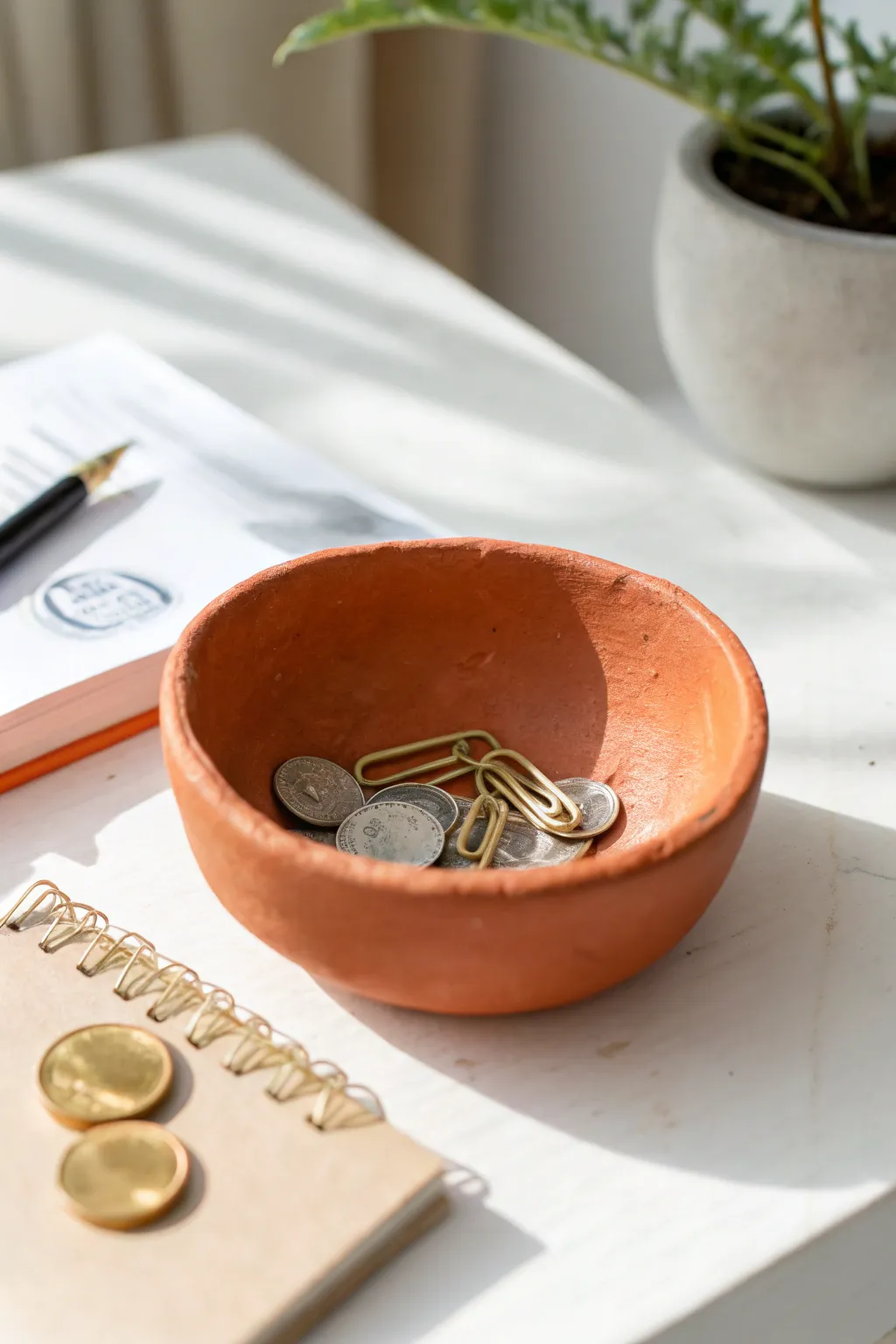 Bold terracotta pinch pot catchall: simple air dry clay storage for clips and coins.