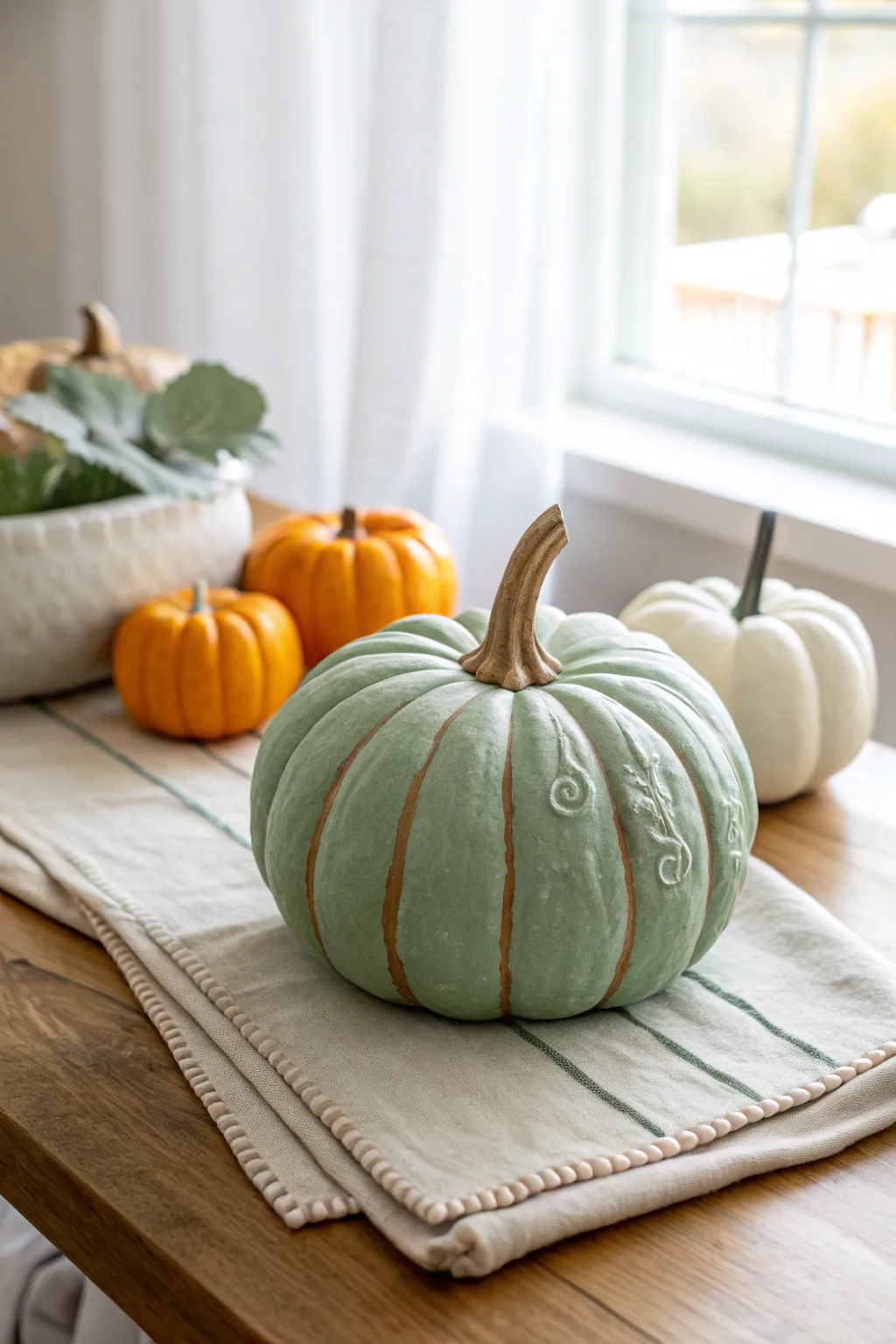 Heirloom-inspired air dry clay pumpkin in sage and cream with cozy harvest tones behind