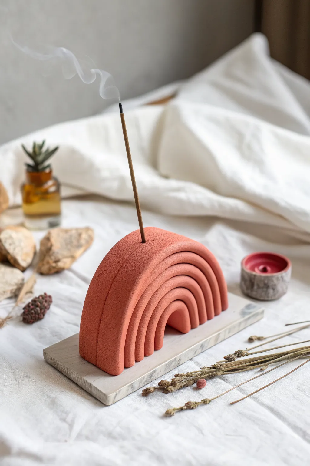 Minimal arch incense holder sculpture in bold matte clay, a chic air dry project with Scandi-boho vibes.