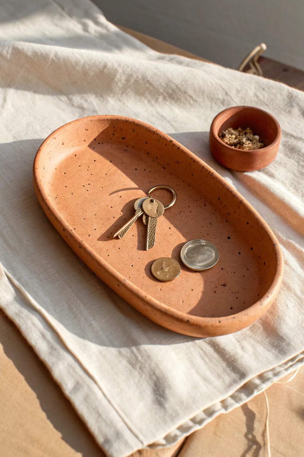 Warm pinched-rim air dry clay tray in terracotta, styled with keys and a coin for daily ease.