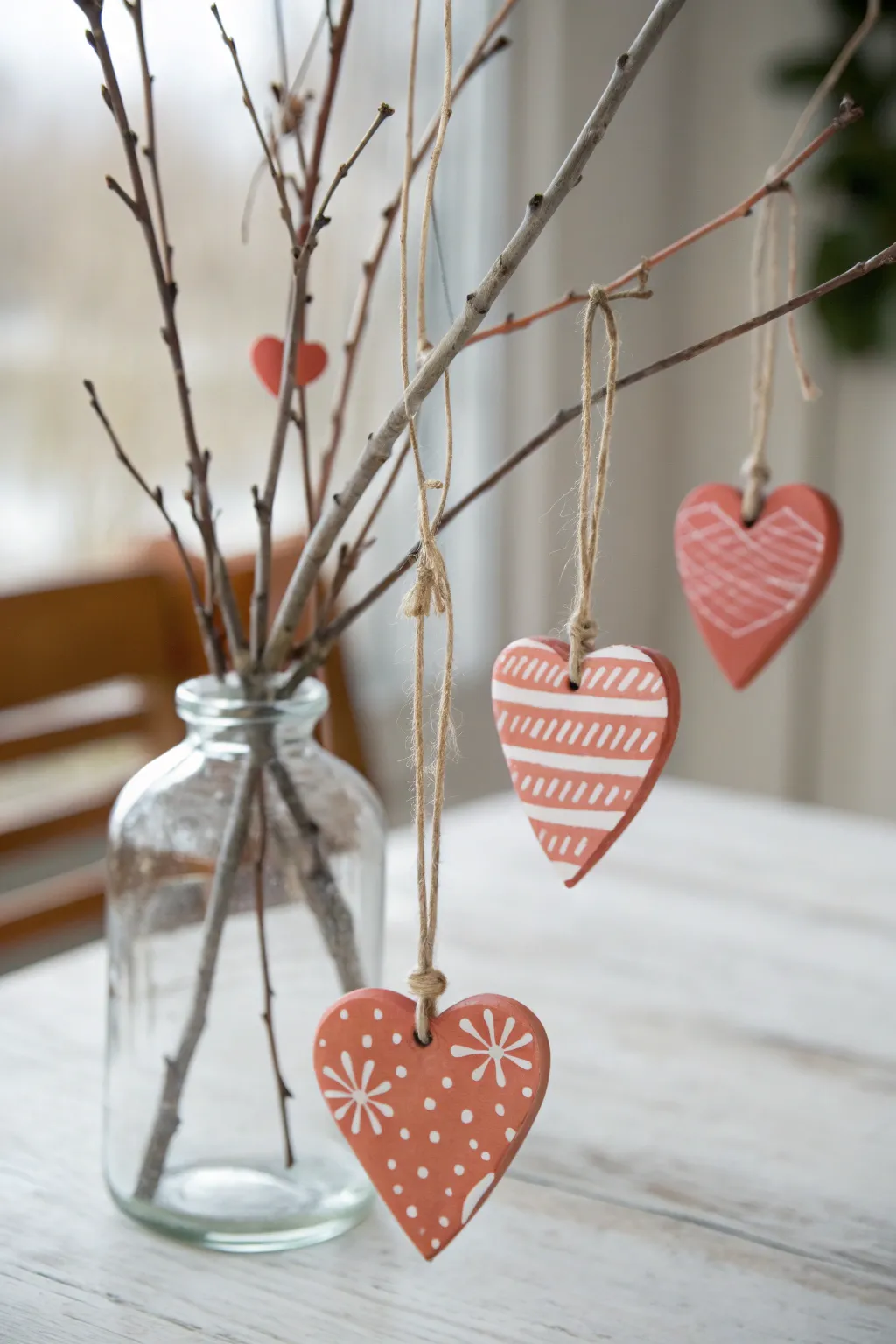Air dry clay heart ornaments on bare branches, minimalist yet bold for a cozy Valentine vibe