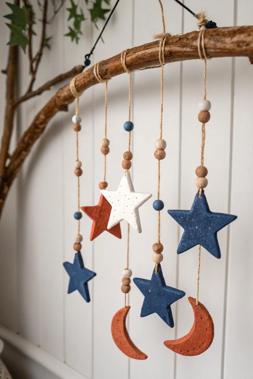 Minimalist boho celestial mobile in air-dry clay, stars and moons hanging from a natural twig.