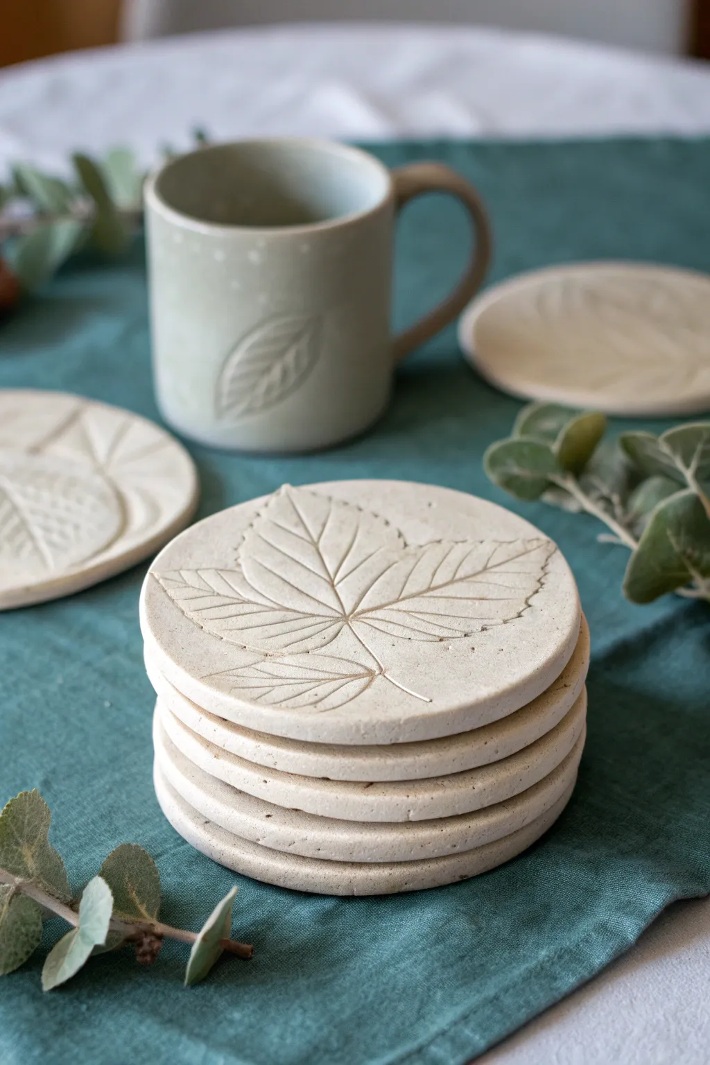 Leaf-pressed air dry clay coasters with a matte finish, simple, cozy, and handmade.