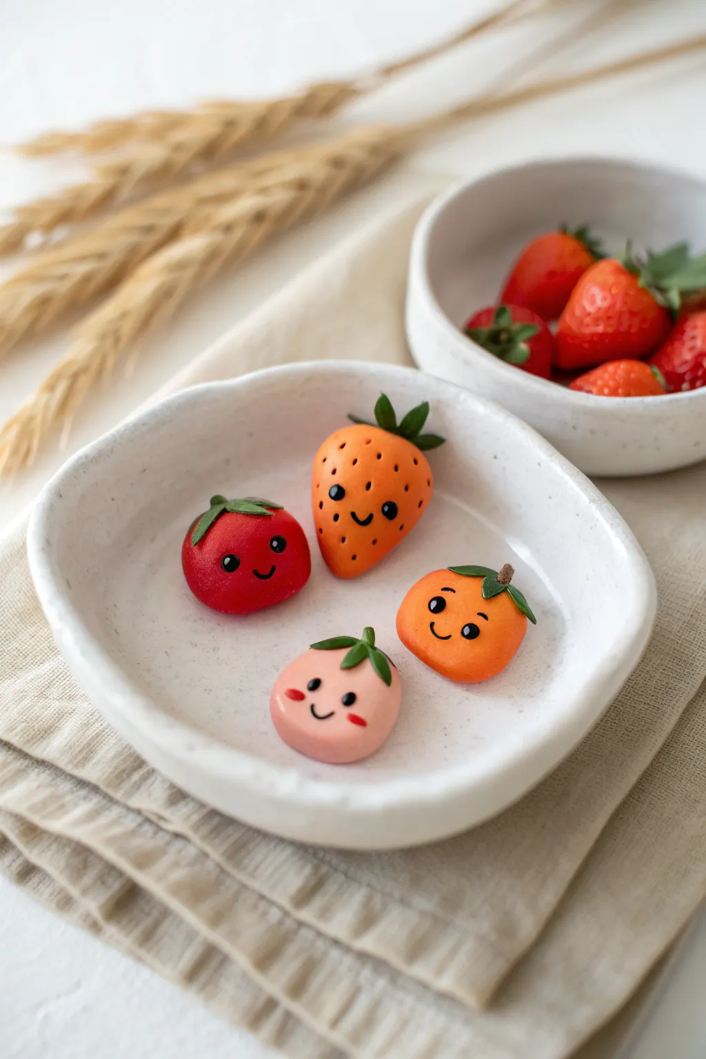 Sweet smiling strawberry and peach air-dry clay charms on a white dish, minimal and boho cute