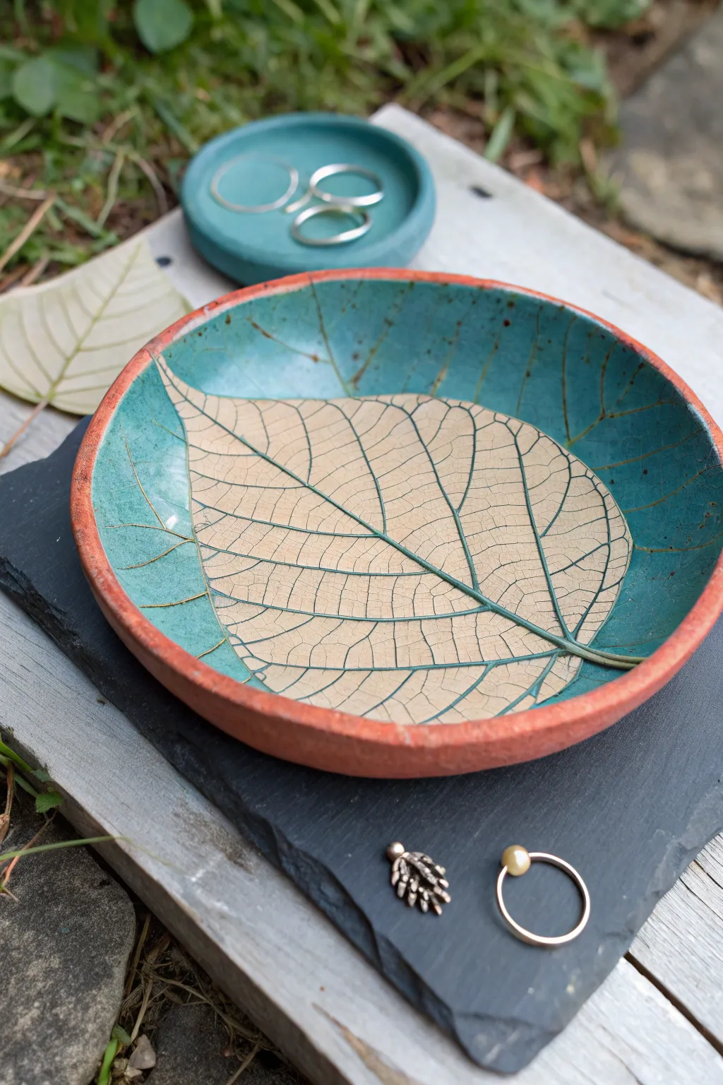 Simple air-dry clay leaf-imprint catchall plate, perfect for rings and everyday treasures.